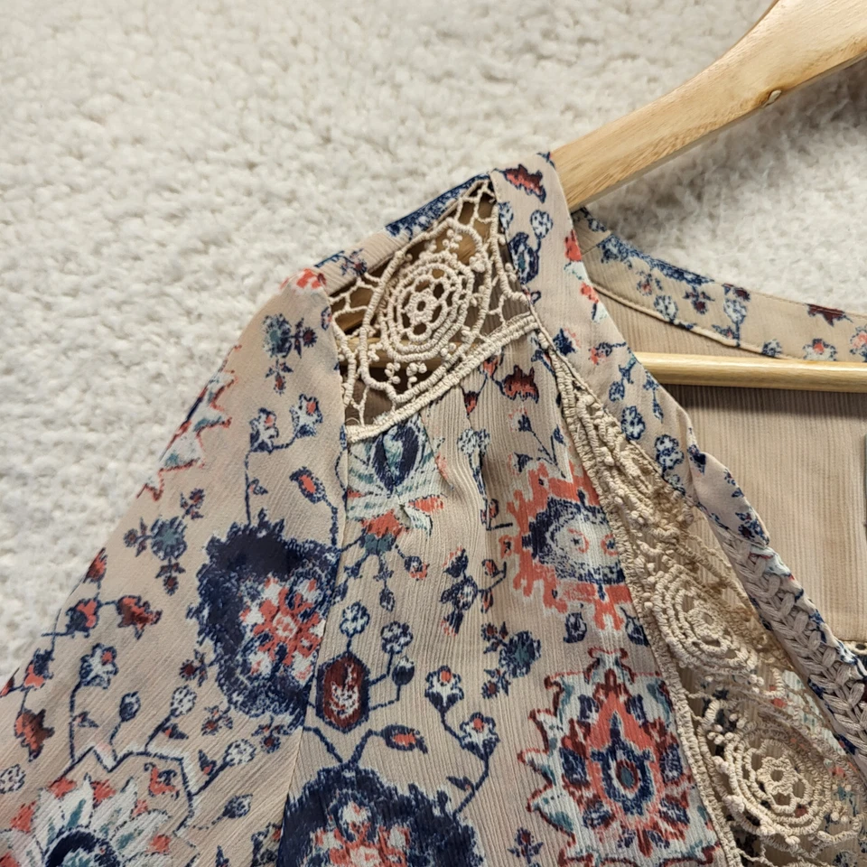 Camisa Anthropologie Maeve Mujer Mediana Rosa Floral Crochet Manga Larga Popover Foto 2 de 4