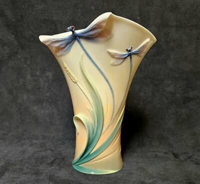 Sculpted FRANZ DRAGONFLY VASE Ornate Floral by Shun John FZ01416 Excellent 7.5''