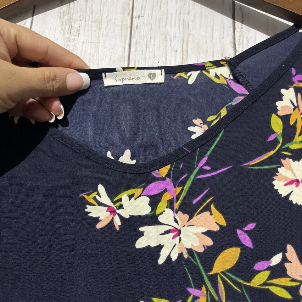 Vestido Soprano Cintura Elástica Reunida Talla L Azul Marino Floral Manga 3/4 Dolman Bolsillos Foto 2 de 4