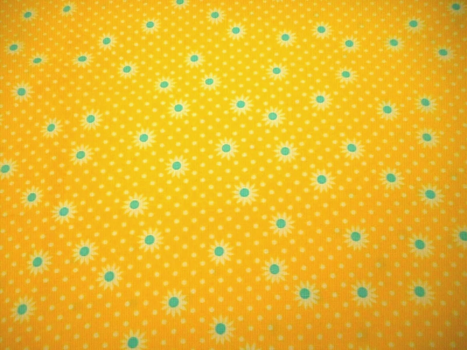 Cotton Fabric 7/8 Yard White Turquoise Flowers White Dots on Yellow Cotton Vtg - Image 2 of 2
