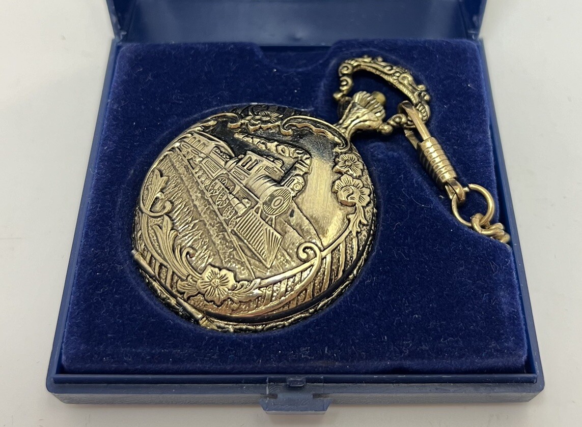 Vintage Michel Rene Wind Up 17 Jewel Pocket Watch W/ Train Scene