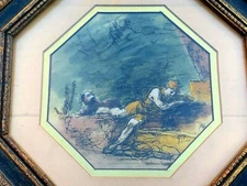 OLD MASTERS HAND COLORED LITHOGRAPH ROMAN MAN, DOG RESTING BY BLOCK STONE RUINS 