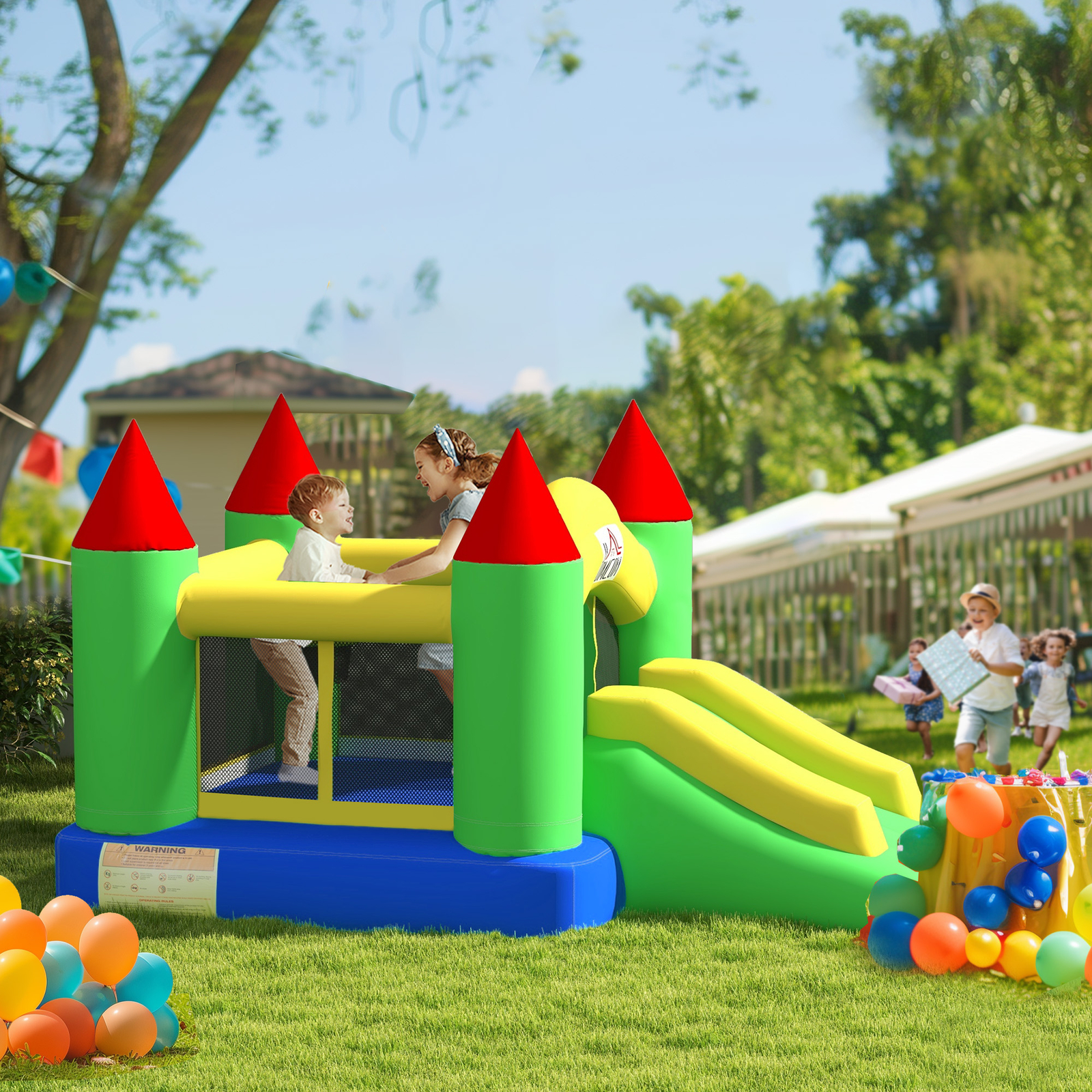 HOMCOM Castillo Hinchable Inflable con Ventilador, Castillo Exterior con Tobogán Trampolín