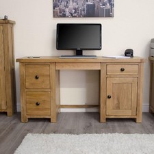 Solid Oak Large Computer Desk, Rustic Oak Double Pedestal Office Furniture New