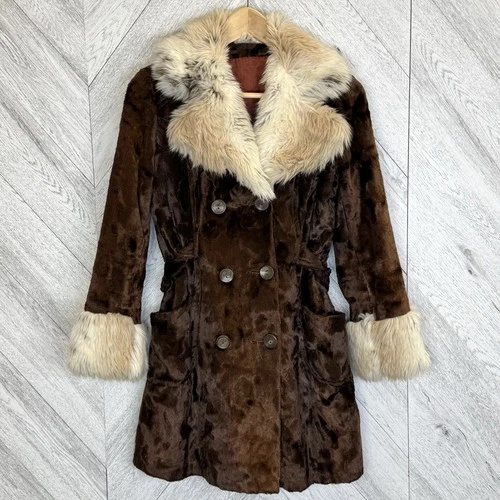 Vintage 70s Penny Lane Coat Womens Small Brown Plush Faux Fur Trim Boho Hippie