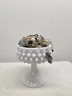 VTG FENTON HOBNAIL PEDESTAL DISH FILLED WITH 1.5 LBS OF COSTUME JEWELRY, ALL...