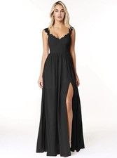 Azazie Cleobella Black Lace Chiffon Maxi Dress Slit Bridesmaid A4 US 4 NWT