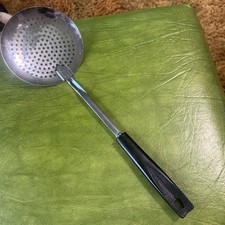 Vintage ECKO Chromium Plated Pasta Strainer Spoon black handle Made in USA Nice