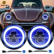 For VW Beetle 1950-1979 Pair 7" Inch LED Headlights Blue Halo DRL Hi/Low Beam
