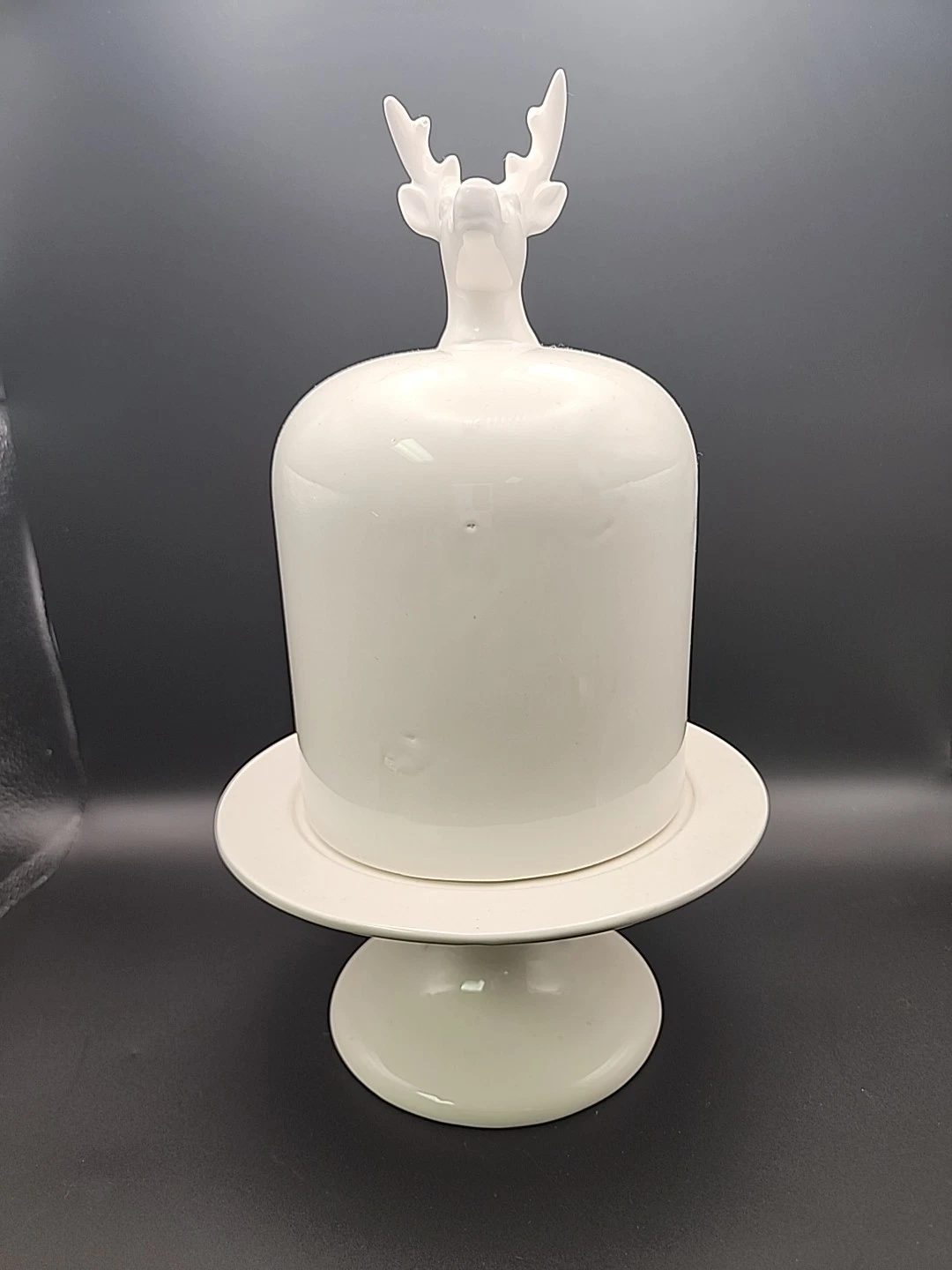 Ceramic Stag Deer Head Cloche Covered Dish Animal Head White 2pc Set