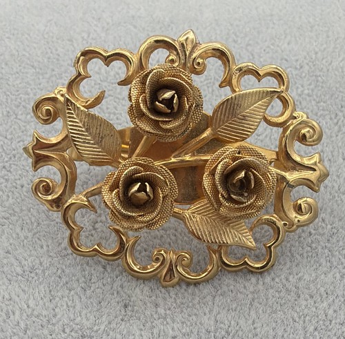 Vintage Floral Gold Tone Metal Scarf Ring Clip With 3 Roses Rose Hinged Clasp
