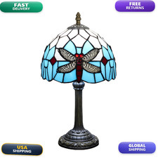 Nuoditos Tiffany Table Lamp Blue Dragonfly Stained Glass Bedside Lamp Antique