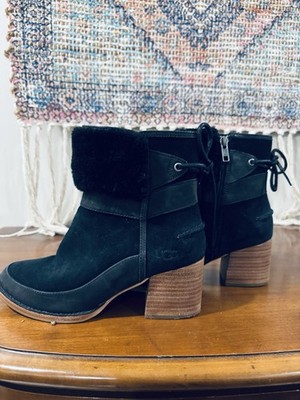 UGG Kirke Ankle Boots, size 7, black suede, fur trim, block heel, lace + zip