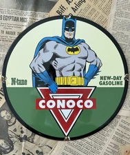 VINTAGE CONOCO BATMAN N-TANE GAS OIL PUMP 12 INCH PORCELAIN ENAMEL SIGN