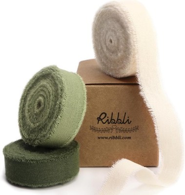 3 Rolls Green Ribbon 5/8 Inch x 18Yards Ivory Sage Moss Handmade Cotton Frayed