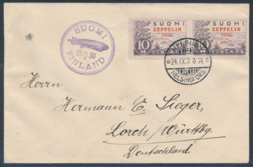 Ostseefahrt 1930 finnische Post Brief Zeppelinmarken MeF Paar (S23428)