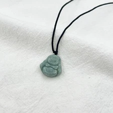 Jade Buddha Charm Pendant Necklace W/ Beads Cord Handmade Carved Green Gemstone