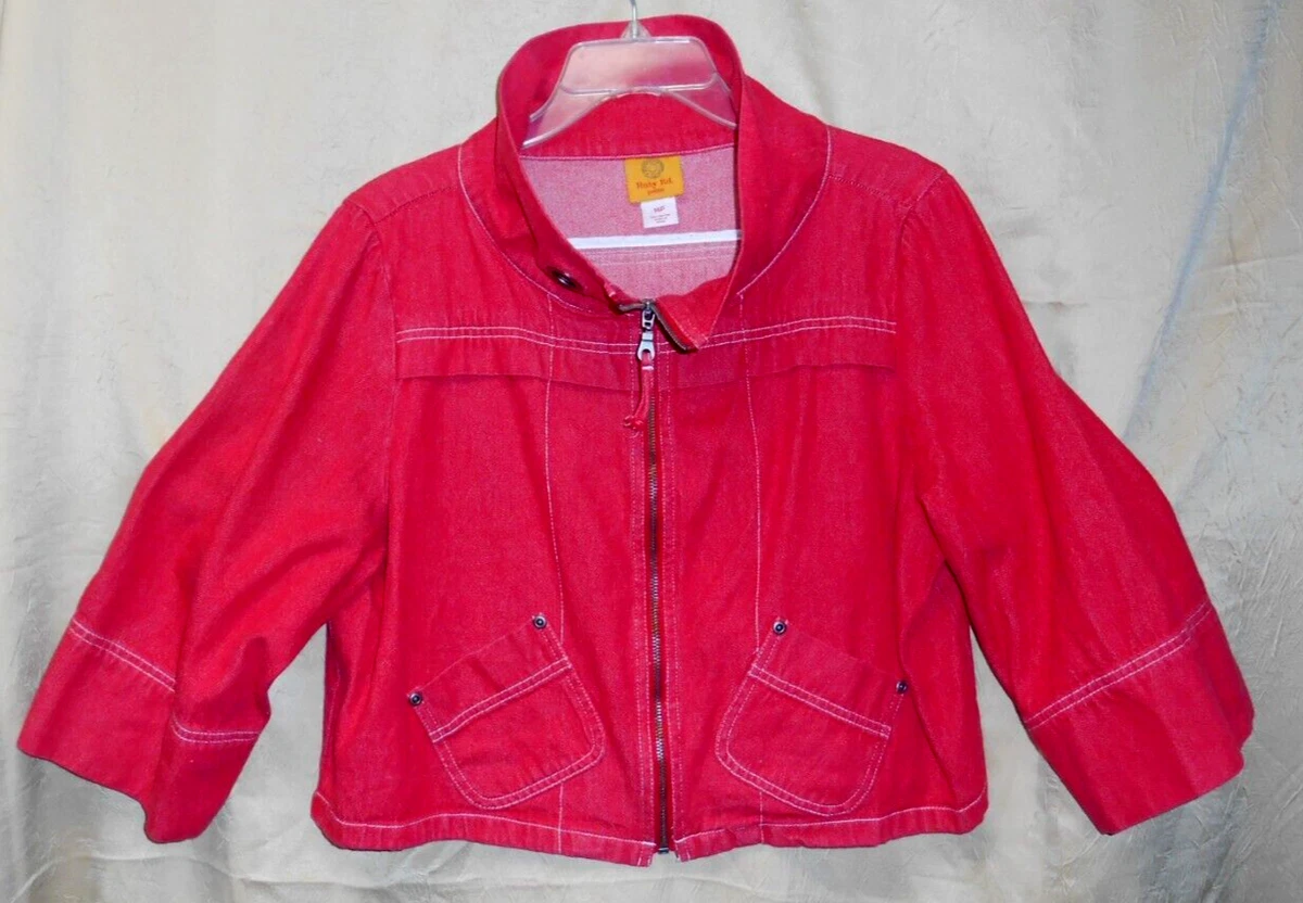 RUBY RD. Red 100 COTTON Denim Crop bolero JACKET sz 14P zip front 3 4 sleeves