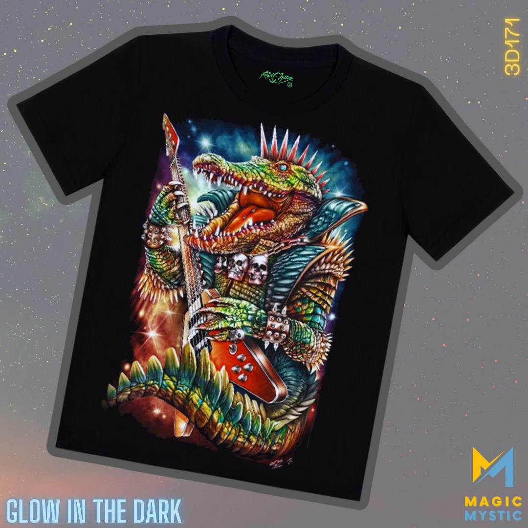 T-Shirt Black 3D Rock Chang Original Guitar Gator Glow in the Dark Unisex XXL