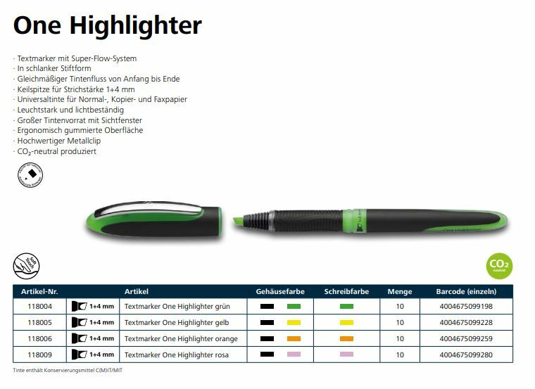 Schneider One Highlighter Pen Chisel Tip Line width 1+4mm 4Col.x 2pc total 8pc