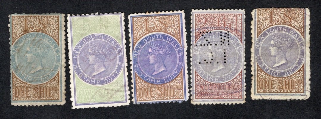 Australia 1872-94 stamps Revenue 2 issue 1Sh-5Sh Diff Perf Wmk NSW used