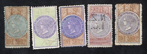 Australia 1872-94 stamps Revenue 2 issue 1Sh-5Sh Diff Perf Wmk NSW used