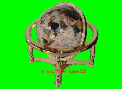 Unique Art 13'' Tall Pearl Powder Ocean Table Top Gemstone World Globe gold stand