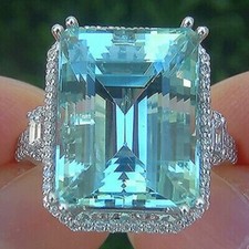 925 Sterling Silver 25ct Bridal Emerald Cut Aquamarine Wedding Cocktail Ring