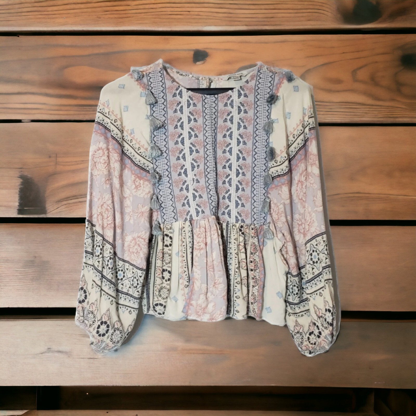 American Eagle Patchwork Peasant Top Embroidered … - image 1