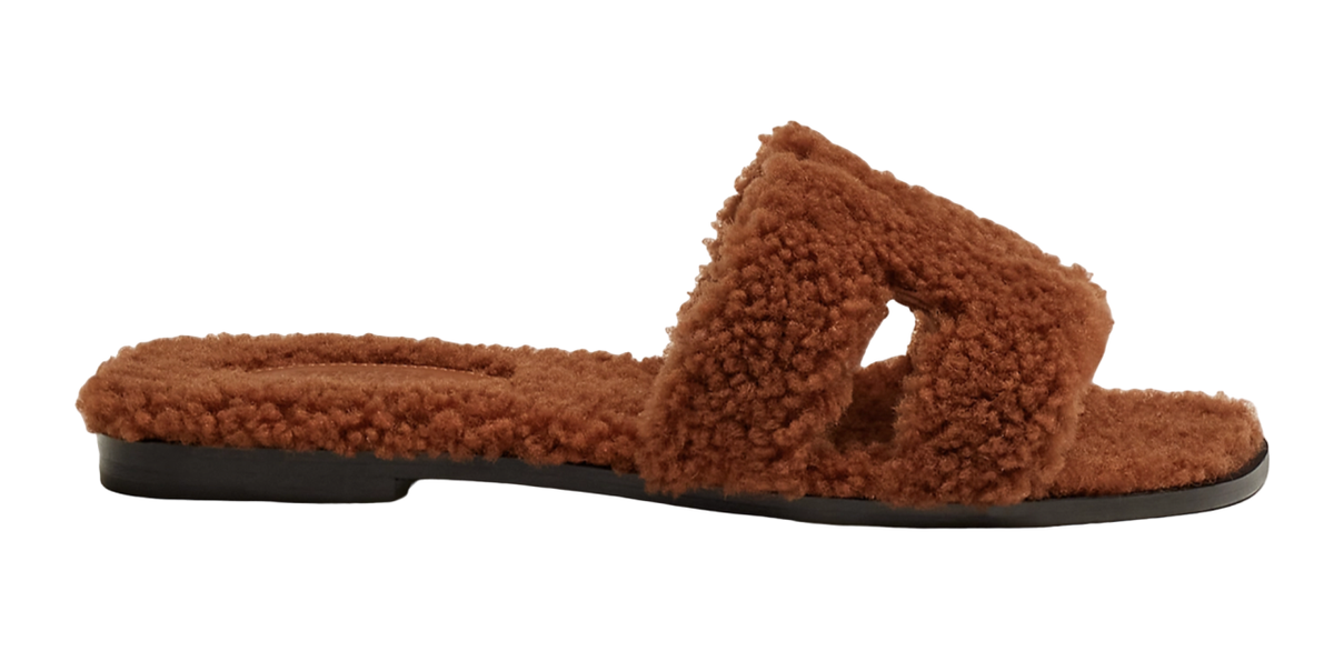 Hermes Oran Teddy Shearling Fur Brown H Logo Slide Sandal Mule