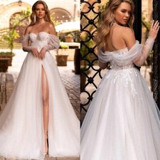 Strapless Wedding Chiffon Dresses Applique Off-shoulder Split A Line Train Ruche