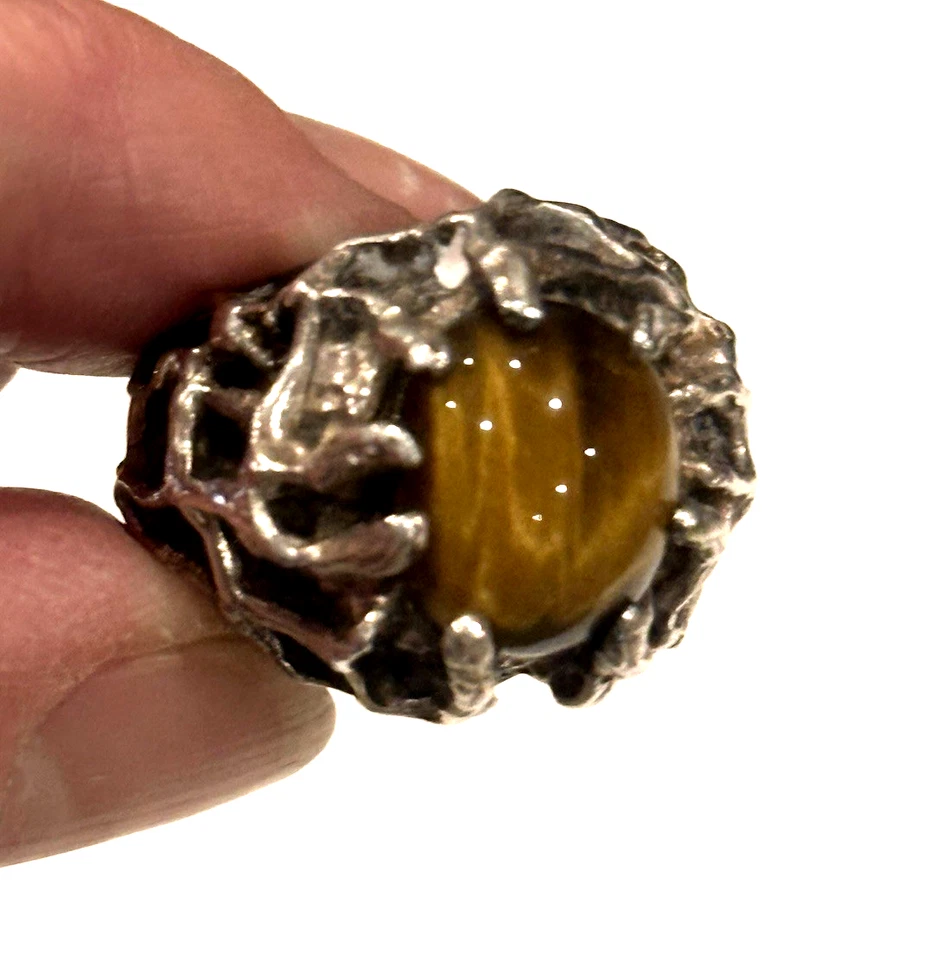 ANILLO OJO DE TIGRE BRUTALISTA PEPITA GRUESO MODERNISTA PLATA LLAMATIVO AUDAZ TALLA 6 MOD Foto 4 de 4