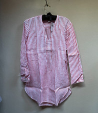 L.L. Bean Womens Tunic Top Notched Neck Long Sleeve Medium Stripe Pink Linen New