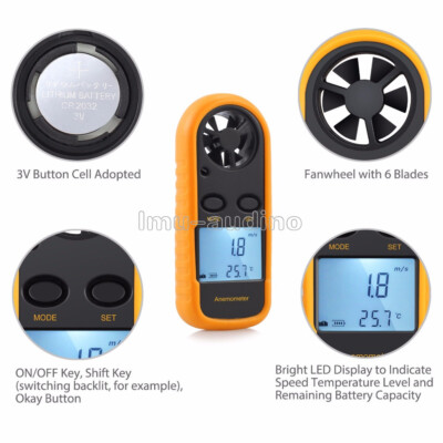 Digital Mini LCD Wind Speed Gauge Air Velocity Meter Anemometer NTC Thermometer
