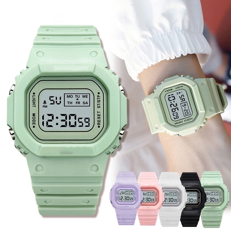 Men Women Digital Green Watch Waterproof Plastic Sports Watch Unisex Rectangle
