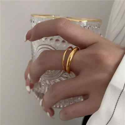 18K Gold Plated Stainless Steel Two Layer Solid 7mm Band Ring for Women
