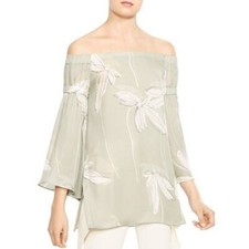 Womens HALSTON HERITAGE Off Shoulder Abstract Botanical-Print Silk Top~Size 2