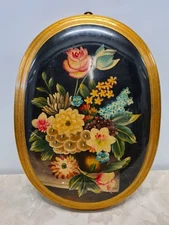 RC Creations Floral Still Life Oil Painting On Board Convex Oval Vintage RARE