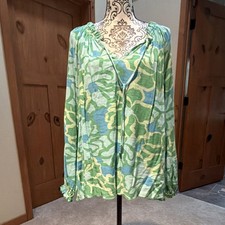 Show Me Your Mumu Floral Green Blue Tunic Blouse V-Neck Drawstring Long Sleeve L