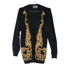 Marisa Christina Vintage Lambswool Angora Sequins Cardigan Womens M Black Gold