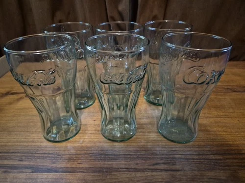 Vintage Coca-Cola Green Tinted Fountain Style 16 oz Glass Set of 6