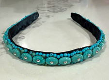 Women  s Black Padded Headband Turquoise Beaded Accents Solid Fabric Beads