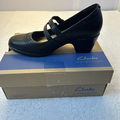 Clarks Emily2 Jane Women Size 6.5 Black Leather Mary Jane Heels Dlb. Buckles