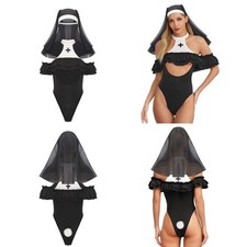 Womens Nun Halloween Cosplay Costume Bodysuit High Collar Sister Uniform Sets