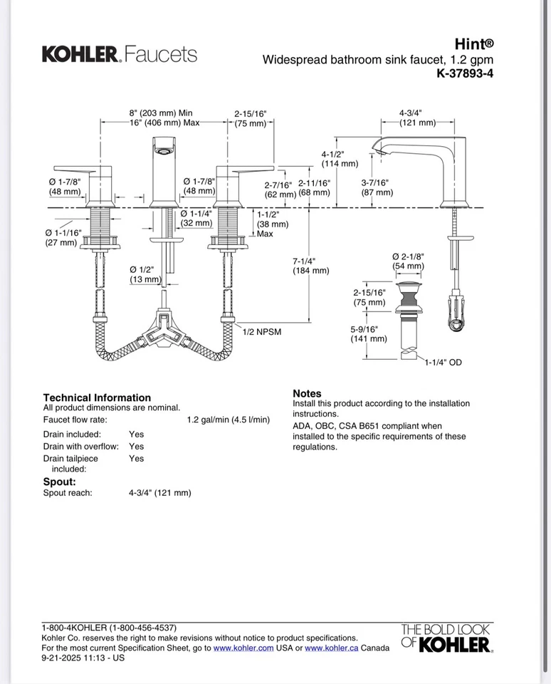 KOHLER Hint® Grifo de lavabo de baño amplio, 1,2 gpm K-37893-4-2 MB Foto 4 de 4