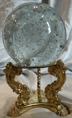 Godinger Controlled Bubble Glass Crystal Ball Paperweight With Gold Brass Stand