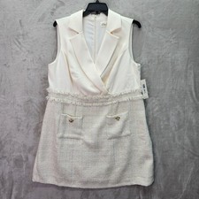 Eliza J Blazer Dress 18W Ivory Tweed Fringed Pockets Gold Buttons Sleeveless New