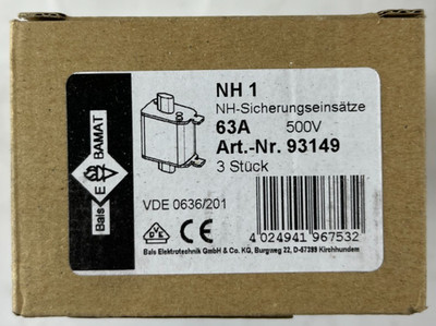 3x Bals E BAMAT NH1 Fuse Inserts 63A 500V gG ETI NH1C NV1C 120kA NOS Slovenia