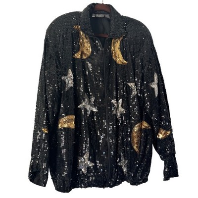 Vintage Modi Black 100% Silk Sequin Full Zip Up Jacket Moon & Star, Size 6-8