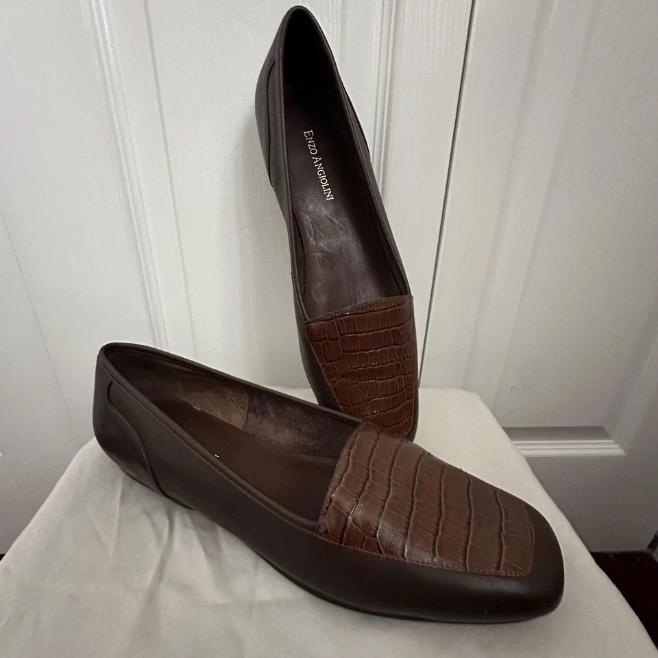 Zapatos Mocasines Enzo Angiolini Mujer Talla 10N Cuero Marrón Cocodrilo Repujado Estrechos Foto 2 de 4